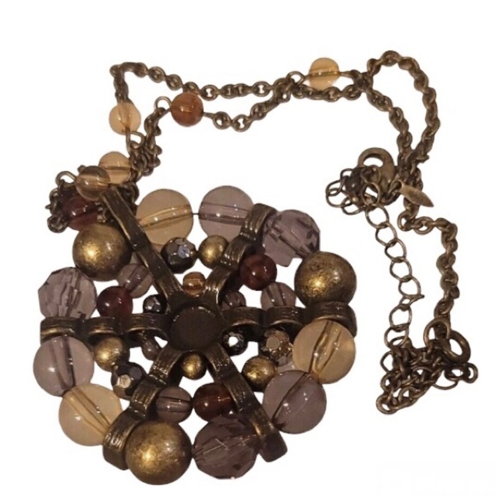 SAQ Vintage Flower Wheel of Life Long Bronze-Like Beaded Lucite Pendant Necklace - Picture 5 of 8